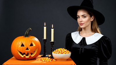 Woman in witch costume with jack-o-lantern