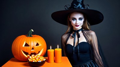 Woman in Witch Costume with Jack-o-Lantern
