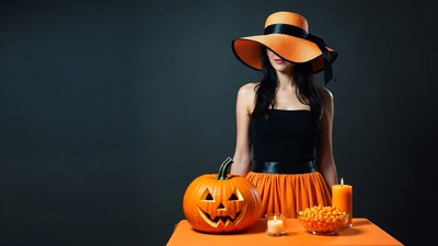 Woman in orange hat with jack-o-lantern