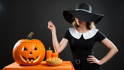 Woman in witch hat with jack-o-lantern