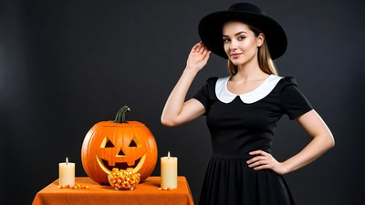 Woman in Witch Costume with Jack-o-Lantern