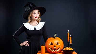 Woman in witch costume with pumpkin