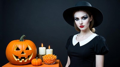Woman in witch hat with jack-o-lantern