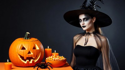 Woman in Witch Costume with Jack-o-Lantern