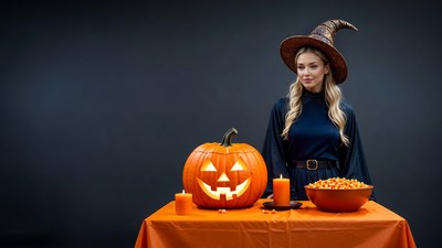 Woman in witch hat with jack-o-lantern