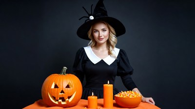 Woman in witch costume with pumpkin