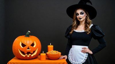 Woman in witch costume with jack-o-lantern