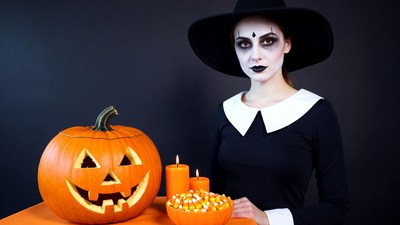 Witch woman with jack-o-lantern and candy