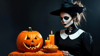 Woman with skull makeup holding Halloween candy