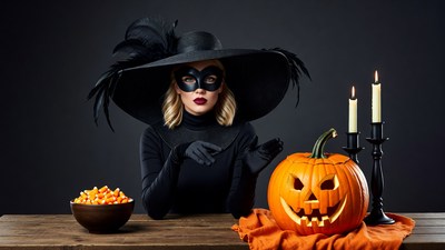Woman in black hat with Halloween pumpkin