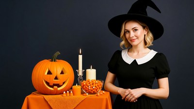 Woman in witch hat with jack-o-lantern