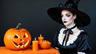 Woman in witch costume with pumpkin