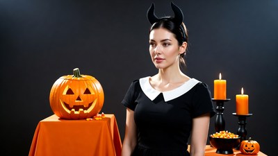 Woman with devil horns and jack-o-lantern