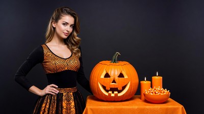 Woman posing with jack-o-lantern pumpkin