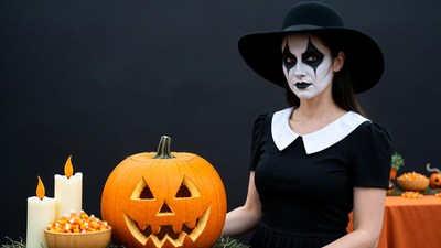 Woman in Witch Costume with Jack-o-Lantern