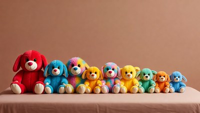 Colorful plush teddy bears lined up
