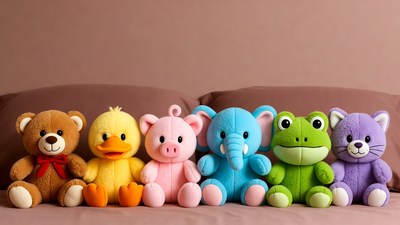 Row of colorful plush toy animals
