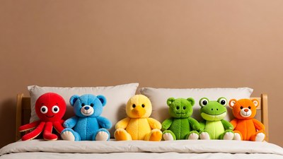 Colorful stuffed animals on bed