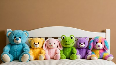 Colorful stuffed animals on bed