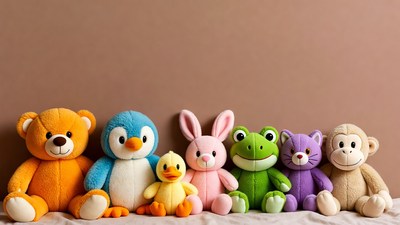 Colorful stuffed animals on beige background