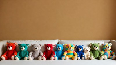 Colorful knitted teddy bears on sofa