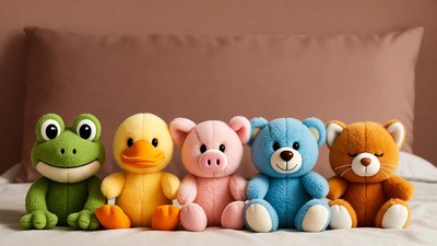 Colorful stuffed animals on bed