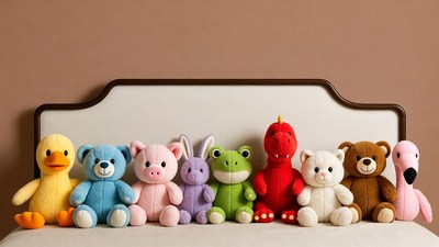 Colorful plush toys on bed