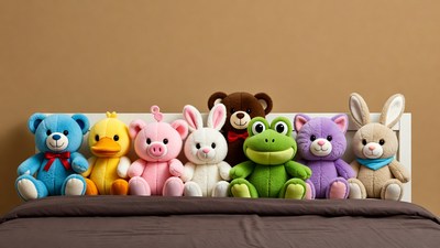 Colorful stuffed animals on bed