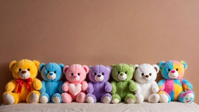 Colorful teddy bears lined up