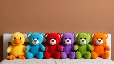 Colorful plush animals lined on bed