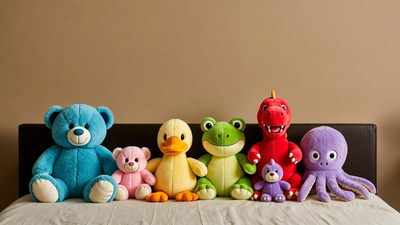 Colorful stuffed animals on bed