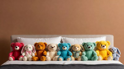 Colorful teddy bears on bed