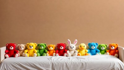 Colorful stuffed animals on bed