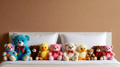 Colorful teddy bears on bed