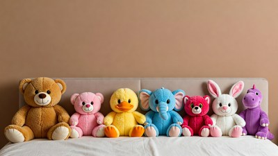 Colorful plush animals on bed