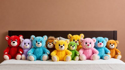 Colorful teddy bears on bed