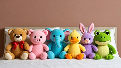 Colorful plush animals on bed