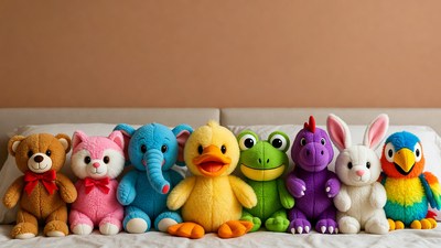 Colorful Plush Stuffed Animals on Bed