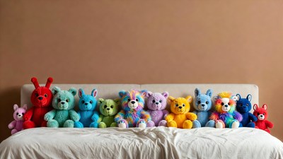 Colorful knitted teddy bears on bed