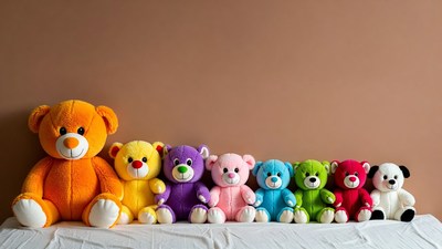 Colorful teddy bears lined on table