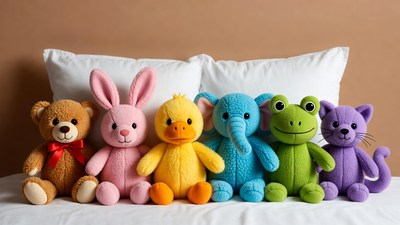 Colorful plush animals on bed