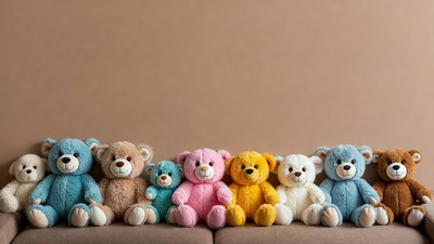 Colorful teddy bears on sofa