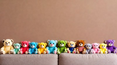 Colorful teddy bears on sofa