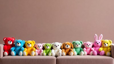 Colorful plush teddy bears on sofa