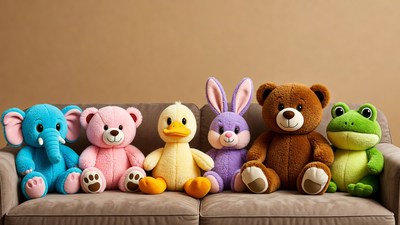 Colorful plush animals on sofa