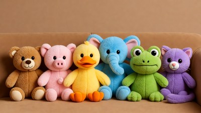 Colorful plush animals on couch