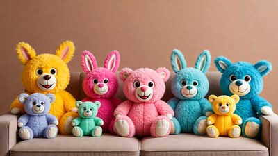 Colorful stuffed bears and bunnies on sofa