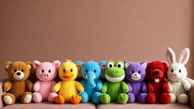 Colorful plush toys lined on sofa
