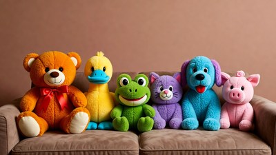 Colorful stuffed animals on sofa