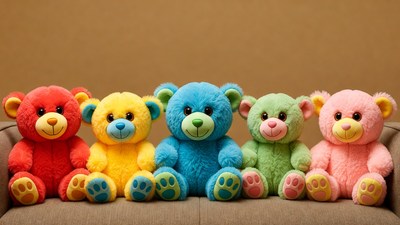 Five colorful teddy bears sitting together